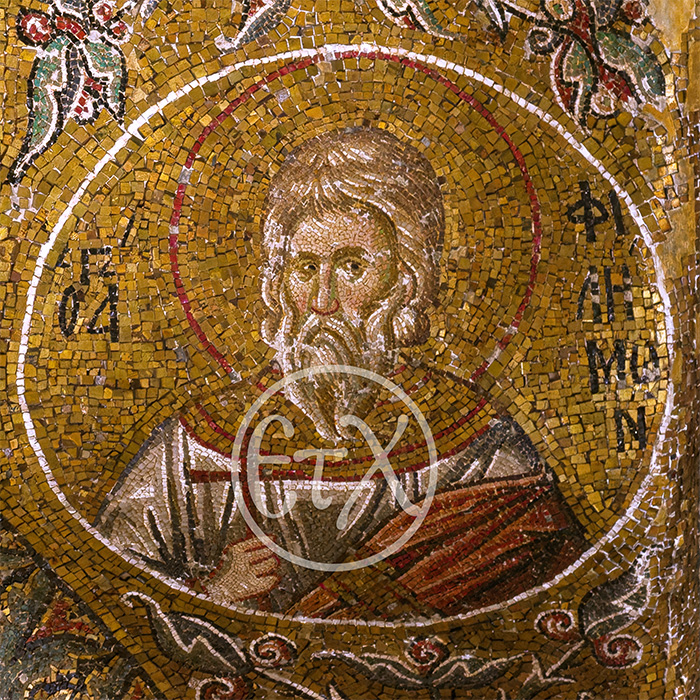 Detailed mosaic of Saint Filimon from the Palaiologan Renaissance period in Chora Church, Άγιος Φιλήμων
