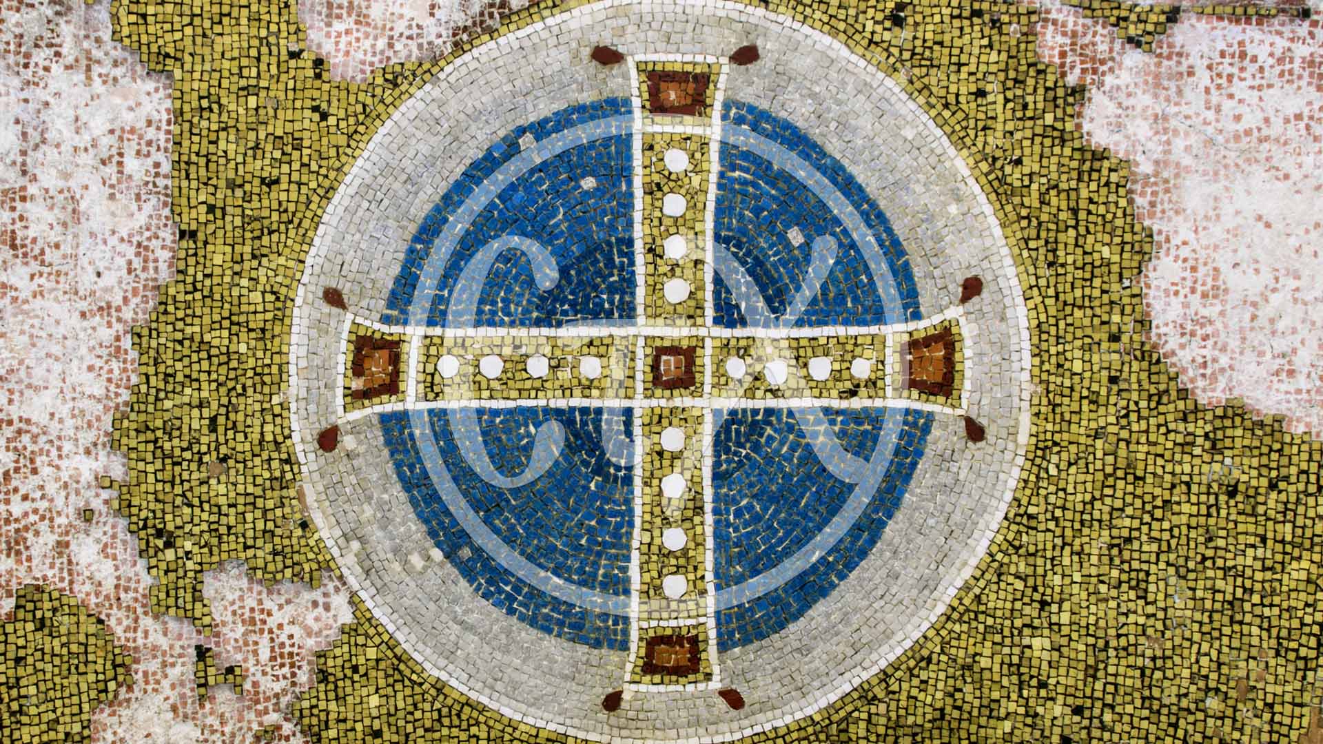 Close-up of a Byzantine jeweled cross mosaic medallion in the Chora Church, Ιερά Μονή της Χώρας Παρεκκλήσιον Τοιχογραφίες